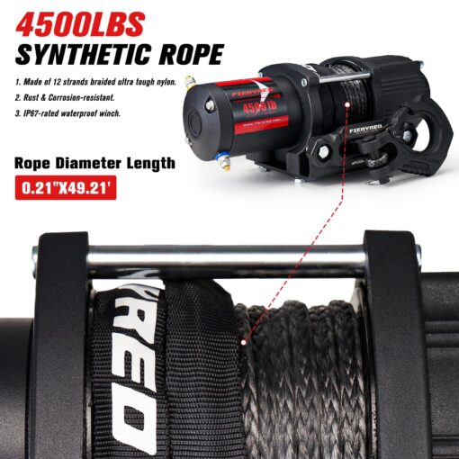 FieryRed ATV/UTV Winch- 12 V 4500LBS Electric Winch with Synthetic Rope, Wire and Wireless Remote Control, Aluminium Fairlead, Waterproof IP67 - Image 5