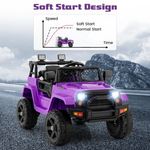 OLAKIDS Kids Ride On Truck, 12V Electric Vehicle Jeep Car with Remote Control, Toddlers Battery Powered Toy with 2 Speeds, Spring Suspension, Double Open Doors, LED Light, Music, TF, USB, Mp3 (Purple) - Image 3