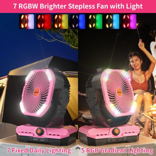 WESTTREE Battery Operated Large Airflow Fan,45000mAh Rechargeable Camping Cordless Fan with 360°Auto Oscillation & Timer, Queit Battery Powered Tent Fans Portable with RGBW Lights for Home X66 Pink - Image 5