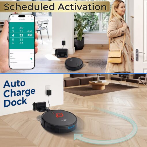 Smart Robot Vacuum and Mop Combo, 2000Pa Suction, App Control, 4 Cleaning Modes, Anti-Fall Sensors, Multi-Surface Cleaning, Self-Charging, Ideal for Pet Hair, Soft and Hard Floors, Black - Image 3