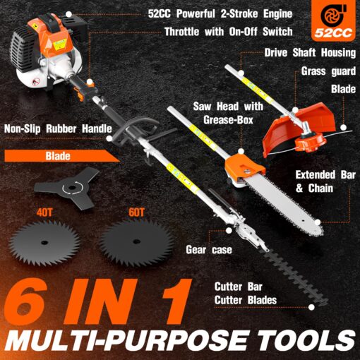 52cc 6 in 1 2-Stroke Gas String Trimmer with Gas Hedge Trimmer,Brush Cutter Gas Powered,Gas Weed Eater for Weeds and Grass - Image 7