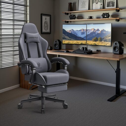 Dowinx Gaming Chair Fabric with Pocket Spring Cushion, Massage Game Chair Cloth with Headrest, Ergonomic Computer Chair with Footrest 290LBS, Grey - Image 3