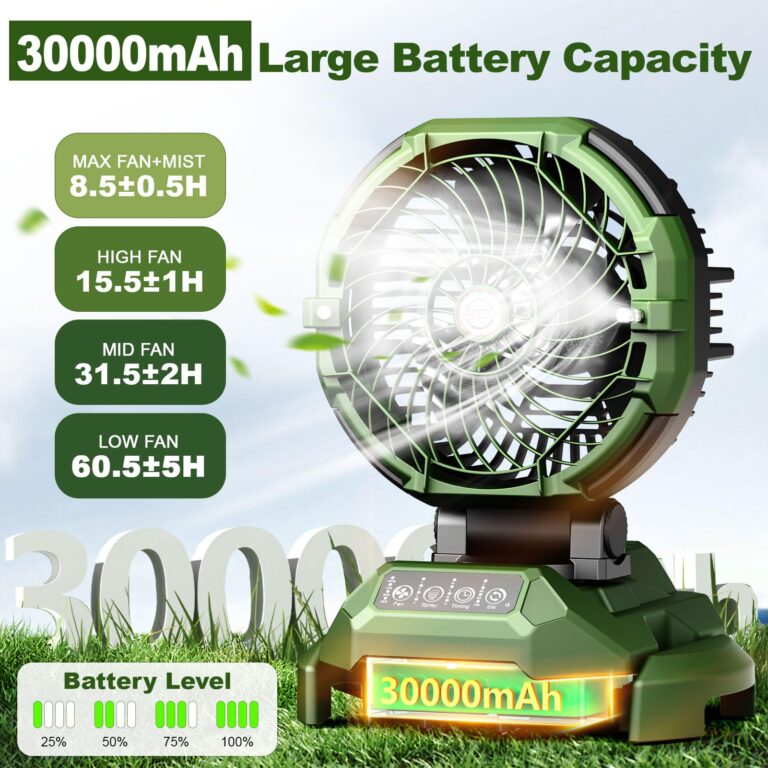 Veubew Portable Misting Fan,30000mAh Rechargeable Battery Powered,4 Strong Winds&4 Spray Mister,Floor Cooling Fan for Outdoor,Camping,Patios,Adjustable Base for 10-13in Bucket(No Bucket Included) - Image 7