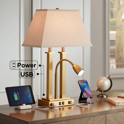 Possini Euro Design Deacon Modern Desk Table Lamp with USB and AC Power Outlet in Base LED Gooseneck 26" High Antique Brass Oatmeal Linen Drum Shade for Living Room Bedroom Bedside Nightstand - Image 3