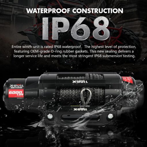 X-BULL New 6000LBS IP68 Waterproof Electric Winch Boat Trailer Winch with 2 in 1 Wireless Remote Synthetic Rope 1/4 in x49.8ft Hook Automatic Braking Powersports Off Road - Image 7