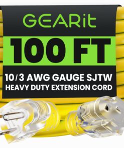 GEARit Outdoor 10 AWG Gauge 3 Prong Plug 100 Foot Extension Cord, Power Cord for Lawn, Garden, Appliances, 10/3, SJTW Heavy Duty for Indoor/Outdoor, All Purpose Weather Resistant, 100 Feet, Yellow