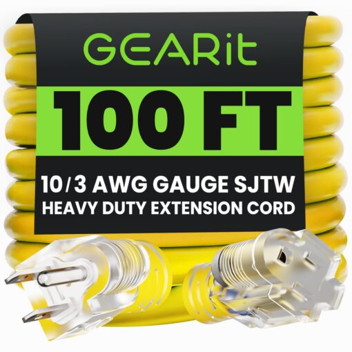 GEARit Outdoor 10 AWG Gauge 3 Prong Plug 100 Foot Extension Cord, Power Cord for Lawn, Garden, Appliances, 10/3, SJTW Heavy Duty for Indoor/Outdoor, All Purpose Weather Resistant, 100 Feet, Yellow