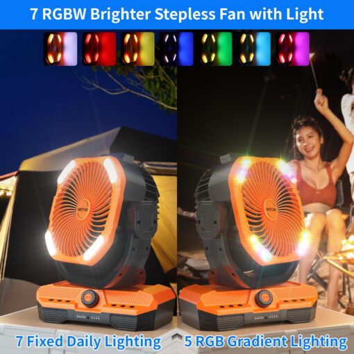 WESTTREE Battery Operated Large Airflow Fan,45000mAh Rechargeable Camping Cordless Fan with 360°Auto Oscillation & Timer, Queit Battery Powered Tent Fans Portable with RGBW Lights for Home X66 Orange - Image 5