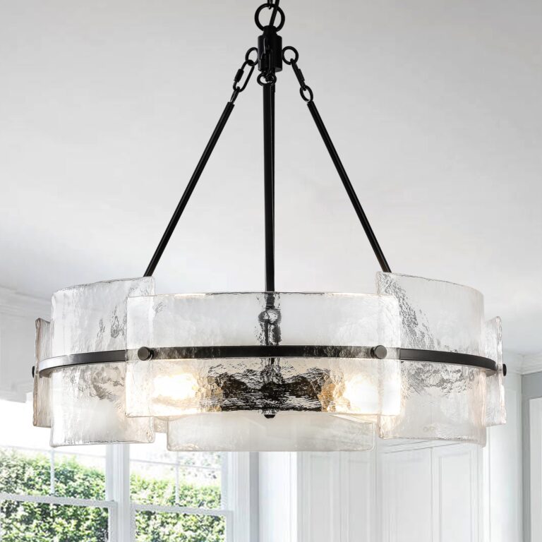 Modern Dining Room Chandelier 22” Black Textured Glass Chandelier Luxury Drum Crystal Light Fixture Farmhouse Round Hanging Lighting for Dining Room Kitchen Island Living Room Hallway Bedroom