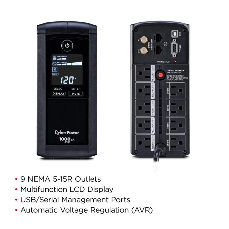 CyberPower CP1000AVRLCD Intelligent LCD UPS System, 1000VA/600W, 9 Outlets, AVR, Mini-Tower, Black - Image 4