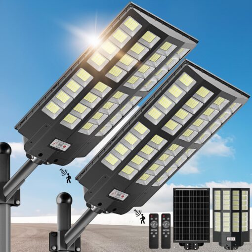 OKPRO 7000W Solar Street Lights Outdoor - Wide Angle Solar Lights Outdoor Motion Sensor,Solar Parking Lot Lights Dusk to Dawn,7000K LED Street Lights Solar Powered for Commercial,Yard(2 Pack)