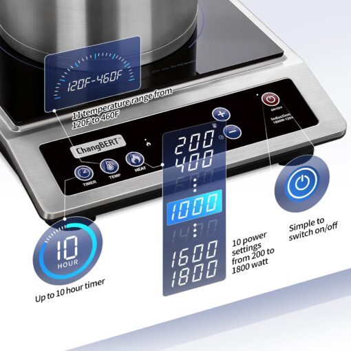 ChangBERT Induction Cooktop, Commercial Grade Portable Cooker, Large 8” Heating Coil, 18/10 Stainless Steel Countertop Burner with NSF Certified, 10 Hours Timer, Powerful 1800W Professional Hot Plate - Image 7