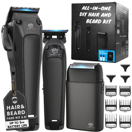 Royal Clips Hair and Beard Fade Kit 2.0 – Professional Clipper, Trimmer & Foil Shaver Bundle for Men, Complete Haircut Set for Barbers, Home Use & Grooming – 5-Hour Battery, 10pcs Limit Combs - Black