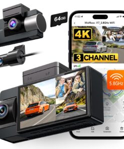 WOLFBOX i17 4K 3 Channel Dash Cam, 5.8GHz WiFi & GPS with 64GB Card, 4K+1080P+1080P Dash Cam Front and Rear Inside, Triple Car Camera with 3 Inch Screen, IR Night Vision, WDR, 24H Parking Mode