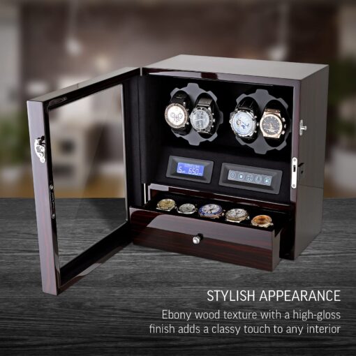 4 Watch Winder with 5 Watch Storage Space, LCD Display, Touch Control and Interior Light (Ebony + Black Velvet) - Image 8