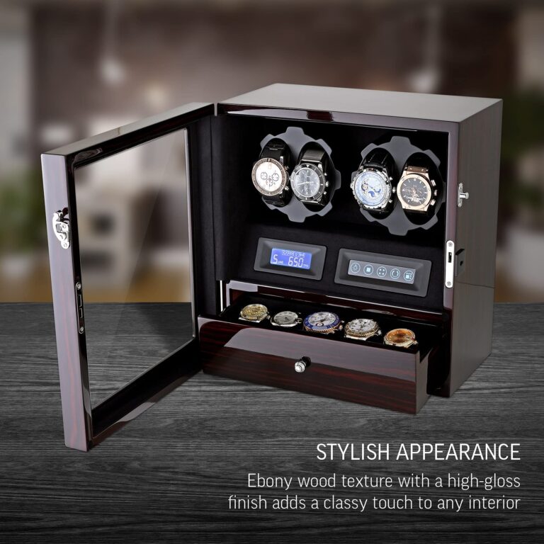 4 Watch Winder with 5 Watch Storage Space, LCD Display, Touch Control and Interior Light (Ebony + Black Velvet) - Image 8