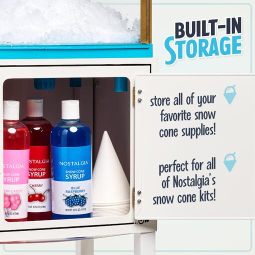 Nostalgia Snow Cone Shaved Ice Machine - Retro Cart Slushie Machine Makes 48 Icy Treats - Includes Metal Scoop, Storage Compartment, Wheels for Easy Mobility - White, Blue - Image 3