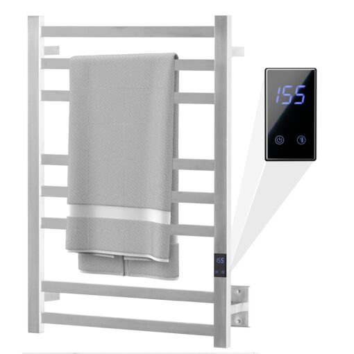 Peaktrivol 8-Bar Heated Towel Rack - Slim Design, Quick Heating, Adjustable Temperature, 24-Hour Timer - Brushed Stainless Steel - Ideal for Hot Towels in Bathroom