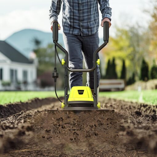 Electric Tiller, YERYORK 15-Amp 18-Inch Width 9-Inch Depth Corded Tiller Cultivator 24 Durable Steel Tines Gardening Tiller with Adjustable Wheels Foldable Handle for Easy Soil Cultivation - Image 3