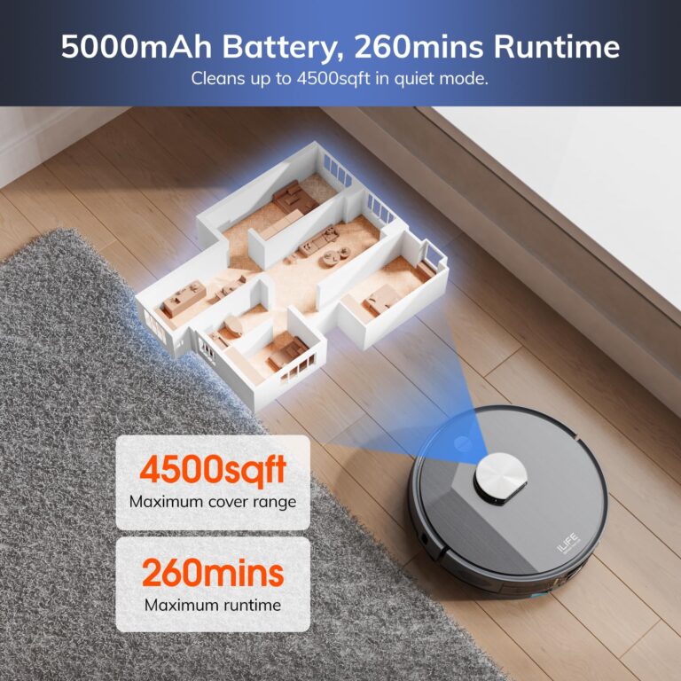 ILIFE T20s Self-Emptying Robot Vacuum and Mop Combo, 5000Pa Suction, 70-Day Capacity, LiDAR Navigation, 260mins Runtime, App/Alexa Control, Robotic Vacuum Cleaner for Hard Floors, Carpets and Pet Hair - Image 5