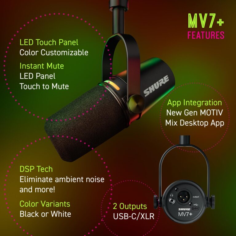 Shure MV7+ Podcast Dynamic Microphone. OBS Certified, Enhanced Audio, LED Touch Panel, USB-C & XLR Outputs, Auto Level Mode, Digital Pop Filter, Reverb Effects, Podcasting, Streaming, Recording -Black - Image 8
