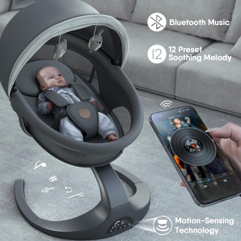 Obee Odee Baby Swing - 5 Speeds, 12 Lullabies, Portable with 360 Rotating Seat, Adapter & Battery Operated, Indoor & Outdoor (Gray, Basket) - Image 5