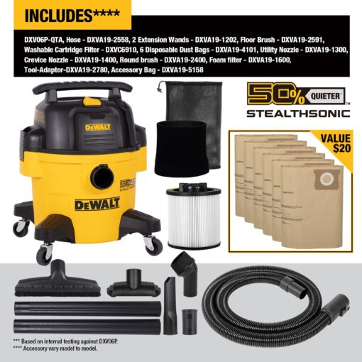 DEWALT 6 Gal Stealthsonic Shop Vacuum Wet and Dry, 5 Peak HP Poweful Suction Ultra-Quiet Vacuum Cleaner with Complete Accessory Kit and 6 Dust Bages, Shop Vac for Home, Jobsite, Workshop, Garage, Car - Image 5