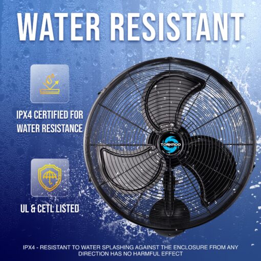 Tornado 20 Inch Pro Series High Velocity Oscillating Waterproof Outdoor Wall Mount Fan For Industrial, Commercial, Residential Use 3 Speed 5250 CFM UL Safety Listed - Image 6