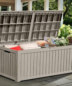 YITAHOME 150 Gallon Large Deck Box w/Divider, XL Waterproof Outdoor Storage for Patio Furniture,Outdoor Cushions, Garden Tools, Sports Equipment and Pool Supplies, Resin, Lockable, Taupe