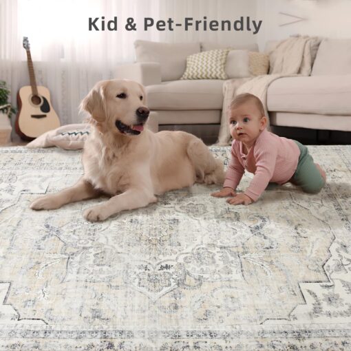 Washable Area Rugs for Living Room: 6'x9' Bedroom Area Rug Boho Stain Resistant Distressed Vintage Accent Rug Non Slip Low Pile Faux Wool Soft Rug for Kitchen Entryway Bedside Nursery Dining Room - Image 4