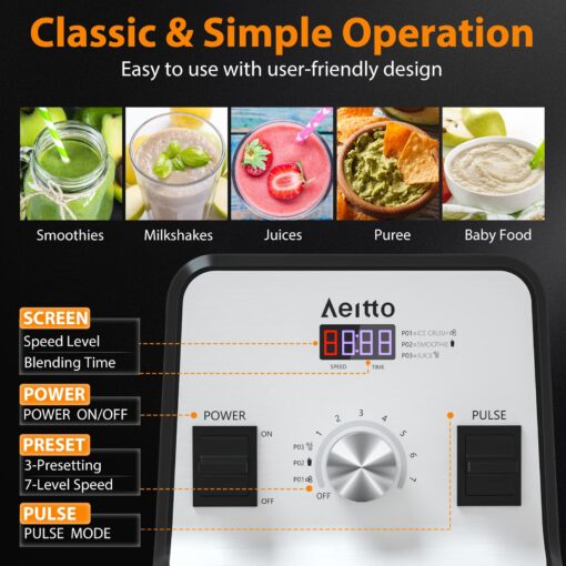 Aeitto Blender, Blenders for Kitchen with 1500-Watt Motor, 68 Oz Large Capacity, Professional Countertop Blenders for Ice Crush, Frozen Drinks, Silver - Image 6