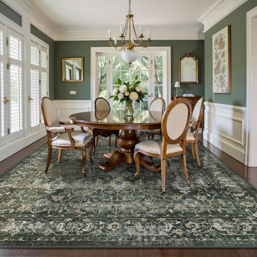 Lahome Boho Green Area Rugs 9x12 Living Room,Washable Large Rugs for Bedroom Aesthetic,Vintage Distressed Non Slip Low Pile Dining Room Rug Carpet for Home Office Playroom(9'x12',Green) - Image 9