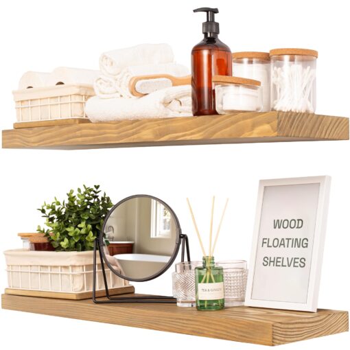 BAOBAB WORKSHOP Wood Floating Shelves for Bathroom - Long Floating Shelves for Wall for Bedroom Kitchen Living Room - Oak Shelves for Wall - 36 x 6.7 Inch, Set of 2