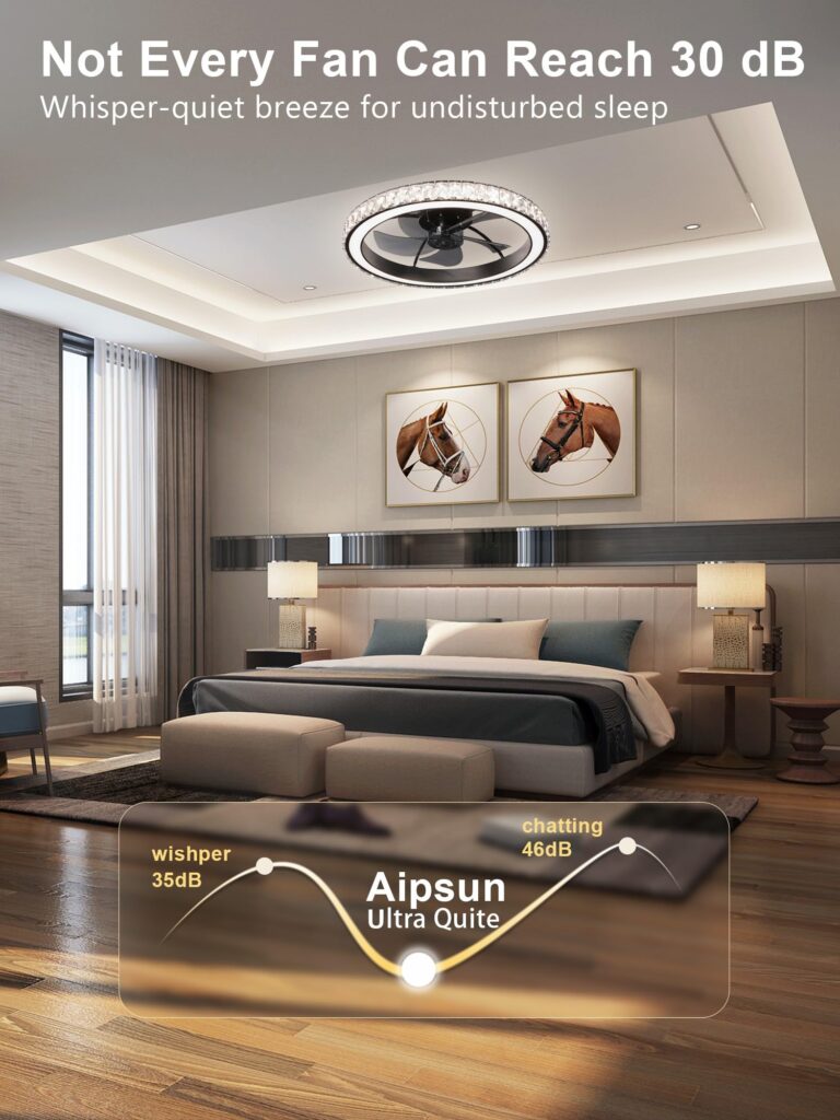 Aipsun Low Profile Modern Crystal Chandelier Ceiling Fans with Lights and Remote, 3000K-6500K Smart Bladeless LED Fan Light, 22" Black Modern Ceiling Fans with Lights for Bedroom - Image 5