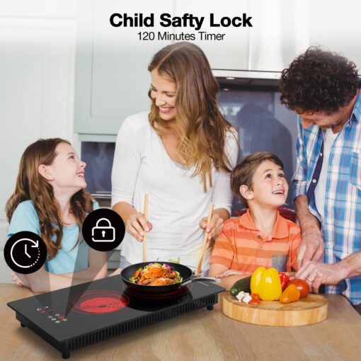 VBGK Electric Cooktop,3000W 12 inch Electric Stove Top,Built-in and Countertop 2 Burner Electric Cooktop 220V with Plug,9 Power Levels, Kids Lock & Timer,LED Touch Control,Overheat Protection Stovetop - Image 9