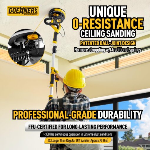 Drywall Sander, Electric Drywall Sander with Vacuum, Automatic Dust Removal, 7 Variable Speed, 900-1800RPM, 26’ Power Cord, Labor-Saving Handle and Patented Fixture for Ceiling Sanding, LED Light - Image 7
