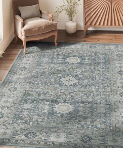 jinchan Area Rug 8x10 Washable Living Room Rug Vintage Distressed Gray Multi Floral Floor Cover Indoor Mat Retro Carpet Bedroom Kitchen Office Farmhouse Grey