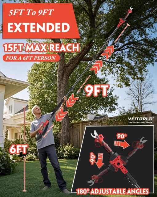 VEITORLD 2-IN-1 Cordless Electric Pole Pruning Shears, 15ft Reach, 1.2" Cutting Diameter, Battery Powered with 2x 2000mAh, Brushless Motor for Efficient Garden Tree Trimming, Branch Cutting（Red） - Image 7