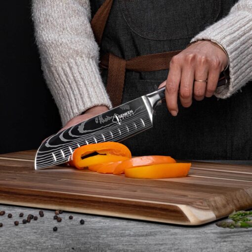 SENKEN 16-Piece Acacia Wood Knife Block Set with Laser Damascus Pattern - Includes Steak Knives, Kitchen Shears, Chef's Knife, Santoku, Cleaver & More - Image 5
