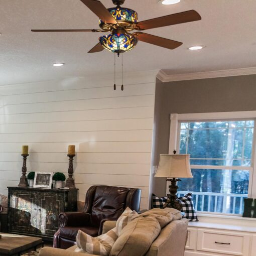 RIVER OF GOODS 52 Inch LED Stained Glass Ceiling Fan With Remote - Double-Lit Ceiling Fans With Lights - Unique Lighting & Ceiling Fans - Charming Antique Ceiling Fan Light Fixture - Halston - Blue - Image 3