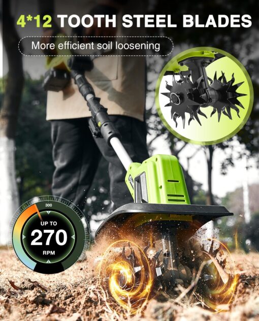 Saker Weed Puller Tool Stand Up Garden Tool with Long Handle & Stainless Steel Claws + 22V Cordless Electric Garden Tiller, 9-Inch Tilling Width, 6.3-Inch Depth, 2 Batteries & Charger Included - Image 9