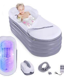 SereneLife Jacuzzi Spa Bathtub with Bubble Massage Mat - Inflatable Bath w/Built-In Heater, Includes Inflatable Pillow, Cup Holder, Remote Control for LED Lighting, Backrest & Armrests