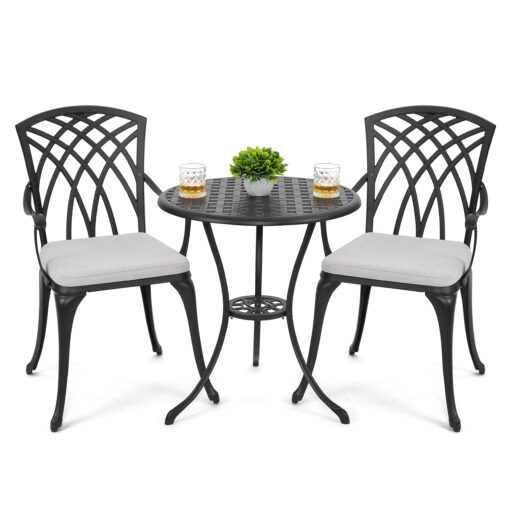 NUU GARDEN Bistro Set 3 Piece Outdoor Cast Aluminum Patio Bistro Set Patio Table and Chairs Set of 2 with Umbrella Hole and Gray Cushions, Black