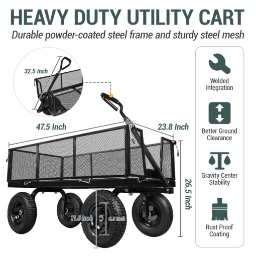 Taifa Heavy Duty 1100 Lbs Capacity Steel Garden Cart with 11.5 inch Tire, Removable Side Panels Turn Into Flatbed, Utility Cart for Yard Lawn and Farm, Metal Wagon with 180° Rotating Handle, Black - Image 7