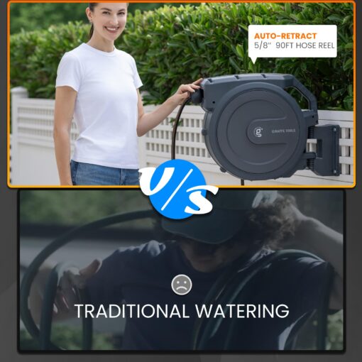 Giraffe Tools AW40 Retractable Hose Reel 5/8" x 90 ft Wall Mounted Garden Hose Reel Heavy Duty, Automatic Rewind, 180 Deg Swivel, Any Length Lock, 9 Pattern Nozzle, 90 ft, Dark Grey - Image 6