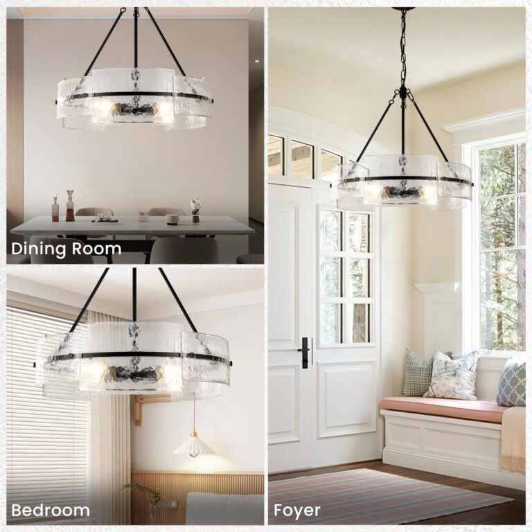 Modern Dining Room Chandelier 22” Black Textured Glass Chandelier Luxury Drum Crystal Light Fixture Farmhouse Round Hanging Lighting for Dining Room Kitchen Island Living Room Hallway Bedroom - Image 7
