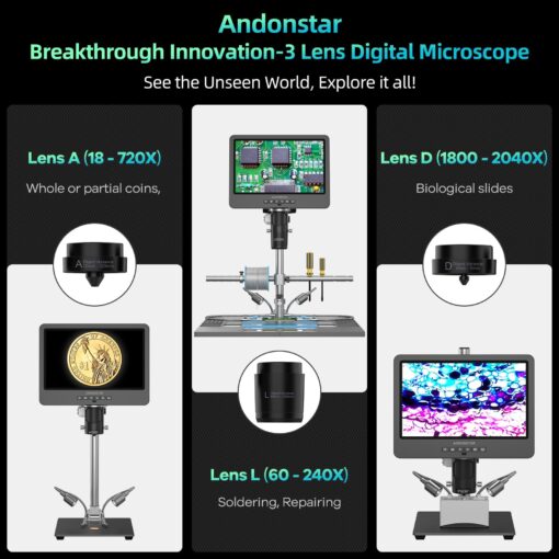 Andonstar AD249S-M Plus 10.1'' HDMI Soldering Digital Microscope for Electronics Repair, 2000x 3 Lens 2160P UHD Video Record, Soldering Microscope Station with Helping Hands, Slides, 32GB Card - Image 9