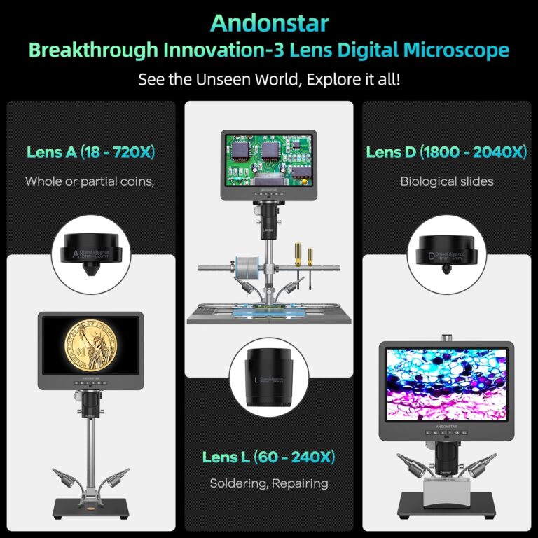 Andonstar AD249S-M Plus 10.1'' HDMI Soldering Digital Microscope for Electronics Repair, 2000x 3 Lens 2160P UHD Video Record, Soldering Microscope Station with Helping Hands, Slides, 32GB Card - Image 9