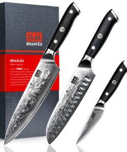 SHAN ZU Damascus Knife Set, Japanese Super Steel 3 PCS Damascus High Carbon Professional Ultra-Sharp Kitchen Chef Knife Set with G10 Handle Gift Box