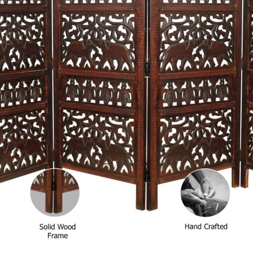 Room Divider Wood Screen - Elephant Hathi Walnut Brown - 4 Panel Fording 72x80 - Intricate Carved Room Décor Boho Portable Partition Privacy Screen Small Spaces Reversible Freestanding - COTTON CRAFT - Image 3